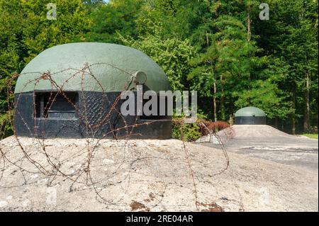 Bunker der ehemaligen Maginot Line, hier Maschinengewehrtürme am Munitionseingang der Artillerie Schoenenbourg, Hunspach, Elsass, Frankreich, Europa Stockfoto