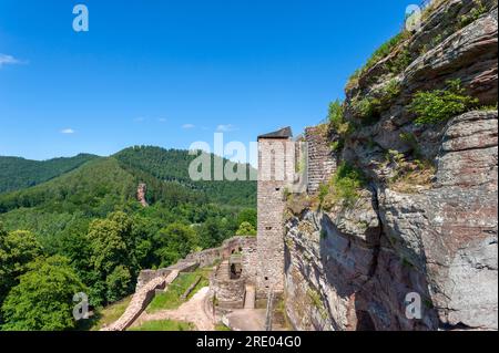 Burgruinen Fleckenstein mit Blick auf die Vogesen, Lembach, Elsass, Frankreich, Europa Stockfoto