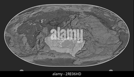 Die australische tektonische Platte auf der bilevel elevation map in der loximuthalen Projektion, die meridional zentriert ist. Begrenzungen anderer Platten Stockfoto