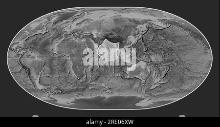 Indische tektonische Platte auf der Grauskala-Elevationskarte in der meridional zentrierten loximuthalen Projektion. Stockfoto