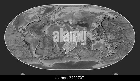 Somalische tektonische Platte auf der Grauskala-Elevationskarte in der meridional zentrierten loximuthalen Projektion. Stockfoto