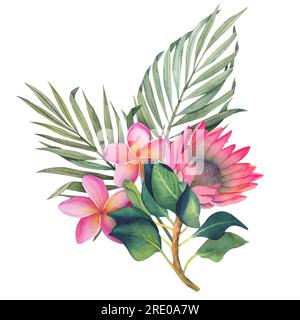 Zusammensetzung mit tropischen Pflanzen und Blumen. Botanische Aquarelle, grüne, exotische Blätter. Kokospalmenblätter, protea-Blumen und Plumeria. Perfekt für Stockfoto