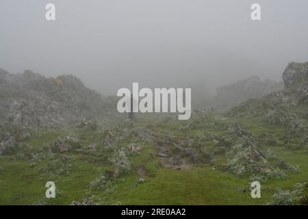 Bergsteiger im Nebel, der aus dem Vegarredonda-Zufluchtsort im Picos de Europa herabkommt Stockfoto