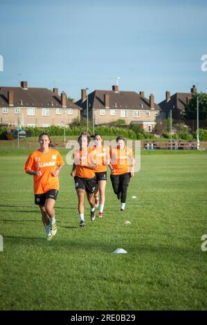 London Bees Training auf dem Hive Trainingsgelände in Harrow, weibliche Fußballmannschaft. Stockfoto