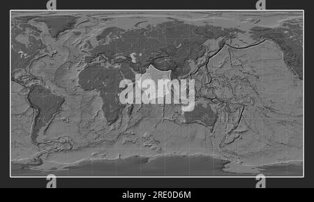 Indische tektonische Platte auf der Bilevel-Elevationskarte in der meridional zentrierten zylindrischen Projektion nach Patterson. Stockfoto