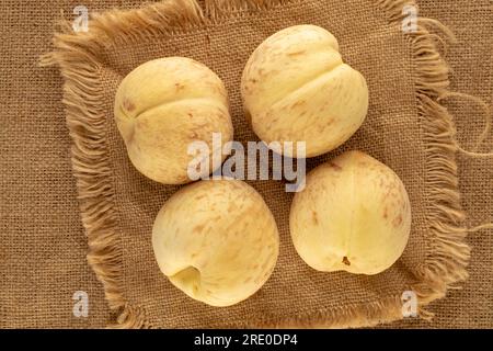 Vier organische reife Pfirsiche mit Jutesserviette auf Jutetuch, Makro, Draufsicht. Stockfoto