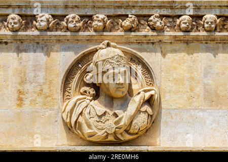 Ein Medaillon an der Fassade des Klosters von San Marcos. Ehemaliges Gebäude des Convento de San Marcos in León, Castile y Leon. Spanien. Derzeitiges Gebäude f Stockfoto