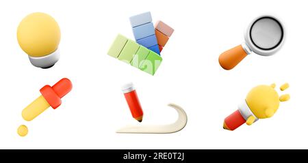 3D-Rendering-Pipette, Lupe, Aufheller-Bleistift, Farbmuster flach, Papier mit Bleistift, Glühbirnen-Symbolsatz. 3D Gestaltungskonzept der benutzeroberfläche rendern Stockfoto