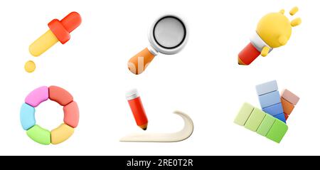 3D-Rendering-Pipette, Lupe, Aufheller-Bleistift, Farbmuster flach, Papier mit Bleistift, Farbrad-Symbolsatz. 3D Gestaltungskonzept der benutzeroberfläche rendern Stockfoto