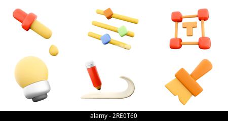 gelber 3D-Rendering-Glühbirne, Pinsel, Pipette, roter Bleistift mit weißem Papier, Text hinzufügen, Symbolsatz für Linien-Schieberegler. 3D Gestaltungskonzept der benutzeroberfläche rendern Stockfoto