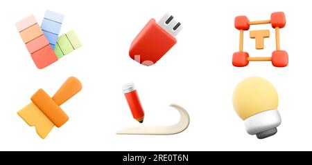 gelbe 3D-Rendering-Glühlampe, Pinsel, usb-Flash-Laufwerk, roter Bleistift mit weißem Papier, Text hinzufügen, Farbmuster mit flachen Symbolen. 3D UI-Design rendern Stockfoto