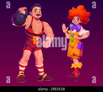 Karnevalszirkusvektorfigur. Weiblicher Clown-Spaß und lustiger Mensch. Vintage Stronghman Muscular Bodybuilder Ikone mit Kurzhantel. Kreatives Kostüm und Make-up für eine glückliche Person Stock Vektor