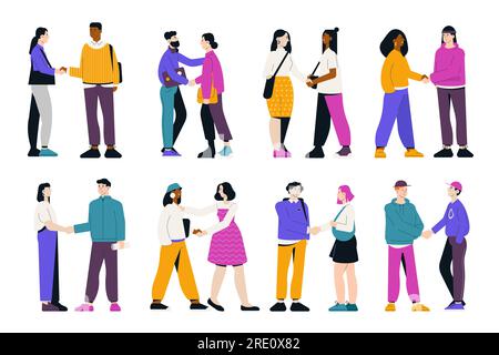 Menschen, die sich die Hand schütteln. Männer und Frauen stehen zusammen und begrüßen sich gegenseitig, Geschäftsleute und Kollegen treffen sich und arbeiten. Vektor-Handschlag Stock Vektor