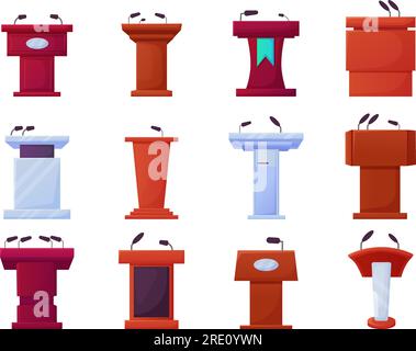 Cartoon-Podium, Tribun mit Mikrofonen. Presseinterviews, Auszeichnungen oder Rednerpodiums. Bühnenelemente für die Politik sind heutzutage Vektorelemente gesetzt Stock Vektor