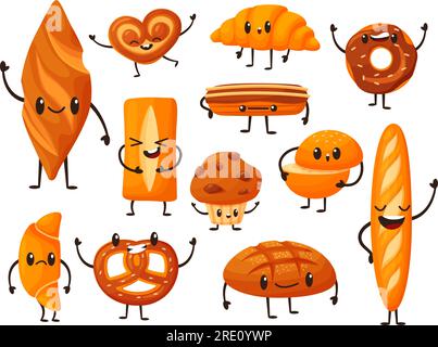 Lustige Brotfiguren, verschiedene Brotsorten mit Zeichentrickgesichtern. Backwaren, Toast und Brot. Frühstück Comic Croissant und Muffin heutzutage Vektorset Stock Vektor