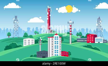 Landschaft mit Sendeturm. Telekommunikationsantenne, Mobiltelefonverbindung, Satellitennetzwerk. Funkkommunikationsvektor eingestellt Stock Vektor