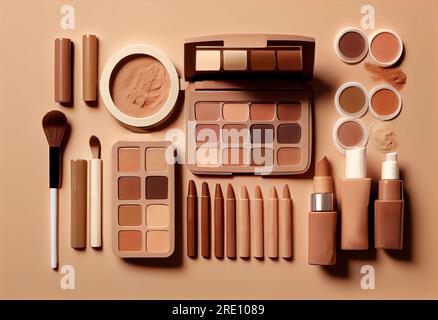 Satz professioneller dekorativer Kosmetika auf beigefarbenem Hintergrund. Modefrau Make-up-Produkt, Bürsten, Lippenstift, Puder, Kollektion mit braunen Farbpaletten Stockfoto