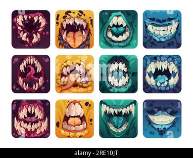 Logo für gruseligen Mund. Gruselige, farbenfrohe Monsterzähne im Cartoon-Stil, komische Horror-Alien-Zombie-Lächelzunge für GUI-Elemente im Spieldesign. Vektor-Fantasie-Set Stock Vektor