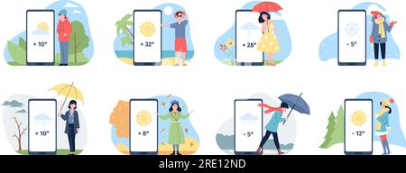 Smartphone-App für Wettervorhersage. Menschen in verschiedenen Jahreszeiten, Sommer, Frühling, Herbst und Winter. Regnerische und sonnige Tage, jüngste Vektorszene Stock Vektor