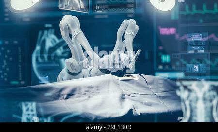Modernes Krankenhaus: Chirurgie-Patient Liegt Auf Dem Operationstisch Während Roboterarme Hochpräzise Nanochirurgie Durchführen. Automatisierte Und Programmierbare Robotik Stockfoto