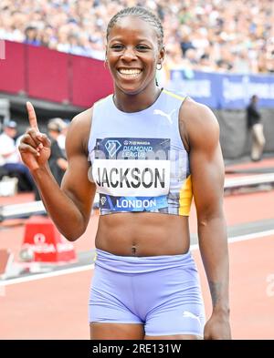 London, Großbritannien. 23. Juli 2023. London Stadium, Queen Elizabeth Park, London, Großbritannien am 23 2023. Juli. 100m Frauen, 1 TA LOU Marie-Josée CIV (ivorisch) 2 ASHER-SMITH Dina GBR 3 JACKSON Shericka JAM 4 NEITA Daryll GBR 5 HOBBS Aleia USA 6 TERRY Twanisha USA 7 JEFFERSON Melissa USA 8 STRACHAN Anthonique BAH, während der Wanda Diamond League, Treffen im Londoner Stadion Queen Elizabeth Park, London, Großbritannien, am 23 2023. Juli. Foto: Francis Knight/Alamy Live News Stockfoto