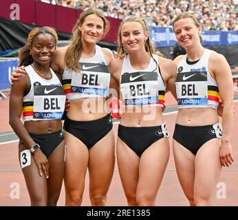 London, Großbritannien. 23. Juli 2023. London Stadium, Queen Elizabeth Park, London, Großbritannien am 23 2023. Juli. 4x100 m Relay Women, 6.-Platz-Team BELGIEN, (nicht in Ordnung) MORENCY POILVACHE, de NAEYER J, VINCKE R, MEHUYS E während des Wanda Diamond League London Athletics Meets im London Stadium, Queen Elizabeth Park, London, UK am 23 2023. Juli. Foto: Francis Knight/Alamy Live News Stockfoto