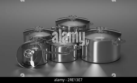 Set aus Kochtöpfen und Pfanne aus Stahl auf weißem Hintergrund. 3D Abbildung Stockfoto