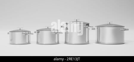 Set aus Kochtöpfen und Pfanne aus Stahl auf weißem Hintergrund. 3D Abbildung Stockfoto