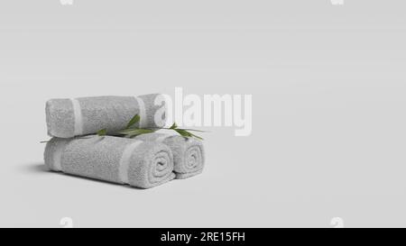 Weiße drei Handtücher Rollen auf weißem Hintergrund, weiße Spa-Handtücher werden isoliert. Leeres, gerolltes Frottee-Modell, isoliert. Sauberes einheimisches Hotelhandtuch Stockfoto