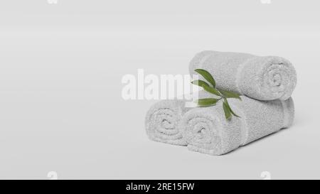 Weiße drei Handtücher Rollen auf weißem Hintergrund, weiße Spa-Handtücher werden isoliert. Leeres, gerolltes Frottee-Modell, isoliert. Sauberes einheimisches Hotelhandtuch Stockfoto