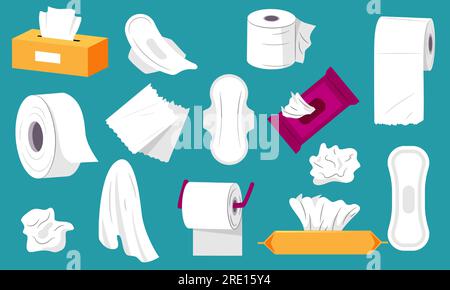 Papiergewebesammlung. Papierrolle mit Tüchern, nass und trocken, saubere Servietten Box, Hygieneprodukte für den Alltag, Cartoon flach. Vektor isoliertes Set Stock Vektor