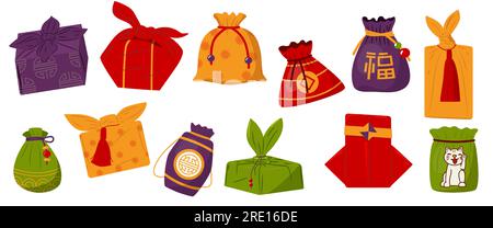 Asiatische Geschenkverpackung. Koreanische Geschenkbox für traditionelles Kunsthandwerk mit Bändern, farbenfrohe japanische Geschenktütenpackung für Feiertage. Vektorsatz Stock Vektor