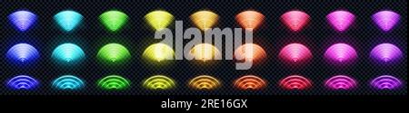 3D WLAN-Neon-Lichttechnologie, kabelloses Signal. Abstraktes Wellenvektorzeichen in Violett, Rot, Blau und Grün mit radialem Laserlicht. Klingelsymbol des Internet-Routers für die Netzwerkeinstellung des Computers. Stock Vektor