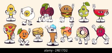 Retro-Cartoon-Essen. Süße, farbenfrohe Snacks und kulinarische Figuren mit uralten Comic-Animationen, lustigen Kawaii-Figuren mit lächelnden Gesichtern Stock Vektor