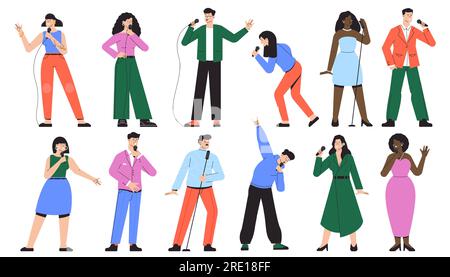 Sängerfiguren. Cartoon-Sänger mit Mikrofon in verschiedenen Posen, traditionelle Volkskünstler mit singender Stimme für Partyeinladungen. Vektor Stock Vektor