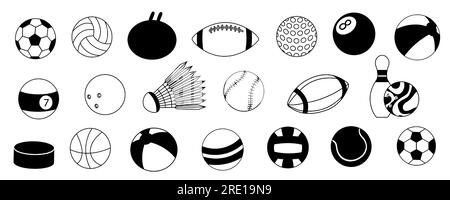 Sportball-Ikonen. Flache Silhouette des Cartoon-Spielballs, Fußball-Baseball-Streetball und Volleyball-Symbole in Schwarz. Vektor isolierte Sammlung Stock Vektor