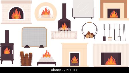 Kamin mit Kamin, entspannende traditionelle Kamine und Werkzeuge. Cartoon-Eisenofen, dekoratives Interieur, moderner Kamin und Holz. Reizvektor Stock Vektor