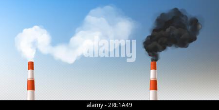 Red white chimneys with smoke, pipes with steam set. Industrial smog clouds, factory or plant flues isolated on blu sky background, environmental air pollution concept realistic vector Stock Vector