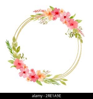 Kranz mit roten und pinkfarbenen Blumen und goldener Textur. Handgezeichnete Aquarellzeichnung des runden Rahmens für Hochzeitseinladungen oder Grußkarten. Zeichnung eines blumigen runden Rands mit grünen Blättern. Stockfoto