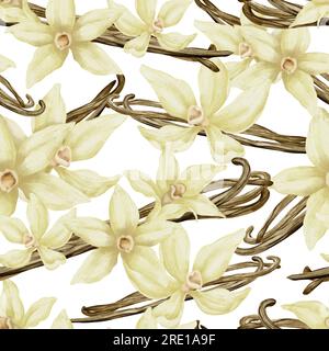 Vanille Flowers nahtloses Muster. Handgezeichnete, wasserfarbene Blumenzeichnung von Orchideen und Stöcken. Skizze des Gewürzes oder der Zutat ätherischen Öls für Verpackungspapier auf weißem isoliertem Hintergrund. Stockfoto