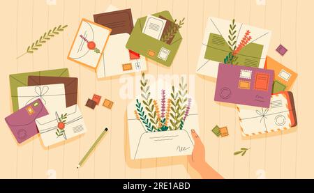 Hände halten den Umschlag. Hände halten Brief mit offenem Umschlag und Poststempel, Postzustellkonzept. Flache Vektordarstellung Stock Vektor