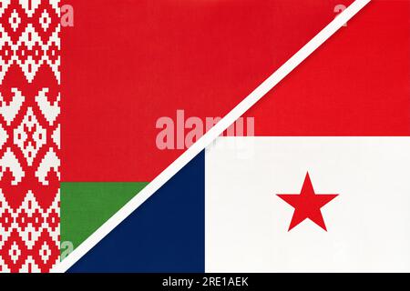 Weißrussland und Panama, Symbol des Landes. Belarussische vs. Panamaische Nationalflaggen. Beziehungen und Partnerschaft zwischen zwei Ländern. Stockfoto