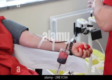 Erfurt, Deutschland. 24. Juli 2023. Eine Venenkanüle wird während einer Plasmaspende in einem Raum des Hama Blutspendezentrums an einem Arm des Spenders befestigt. Während einer Spende werden auch Informationen über die Bedeutung von Blut- und Plasmaspenden bereitgestellt. Kredit: Bodo Schackow/dpa/Alamy Live News Stockfoto