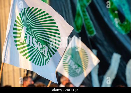 Landwirtschaft: Flagge der FNSEA (Französischer Verband der Gewerkschaften der Inhaber landwirtschaftlicher Betriebe) Stockfoto