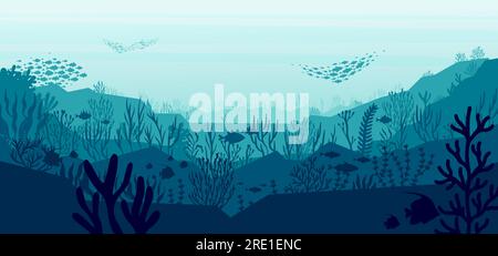 Unterwasser-Silhouettenlandschaft. Exotische Unterwasserszene mit Korallenriff und Fischen. Vektorhintergrund mit Manta- und Hammerhaien Stock Vektor