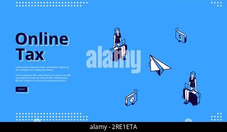 Online-Steuerbanner. Mobiles Zahlungskonzept. Vector-Landing-Page der elektronischen Finanzen, digitale Transaktion mit isometrischem Symbol der menschlichen Figur Steuerzahler und Papierflugzeug von Bill Stock Vektor