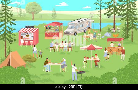 Food Festival im Waldpark Vektordarstellung mit Menschen Stock Vektor