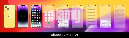 Iphone 13. Apfelmodell. Apple-Schnittstelle. Apple-Apps. Navigationsseite des Telefons. Kalender, Notizen, Verlauf, Hauptmenü. IOS-Anrufbildschirm – Designkonzept. Bearbeiten Stock Vektor