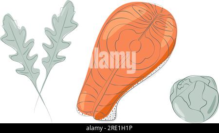 Vektorset mit 3 abstrakten Bildern gesunder Speisen Lachssteaks mit rosenkohl und Rucola. Tag der gesunden Ernährung. Aufkleber. Symbol. Isolieren. Design für Poster, Banner, Broschüren oder Preis, Etikett, Karte. EPS Stock Vektor