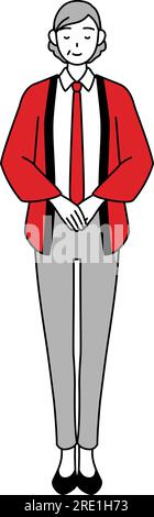 Eine ältere Frau in einem roten Happi-Mantel, verbeugt sich mit gefalteten Händen, Vector Illustration Stock Vektor